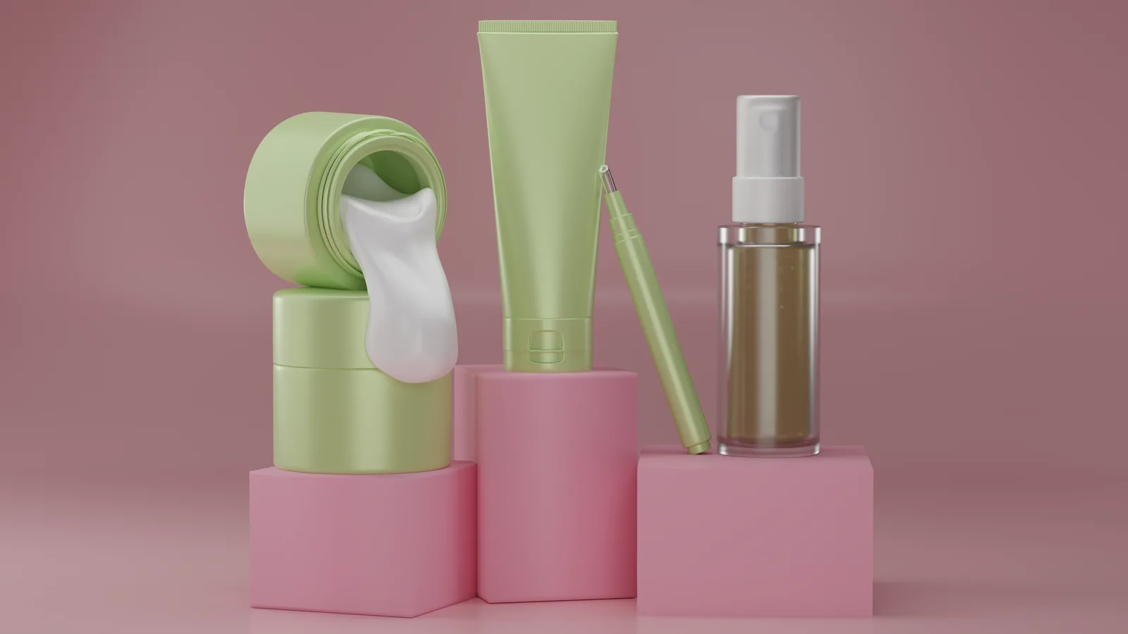 Set de productos cosméticos en tonos pastel sobre podios rosa